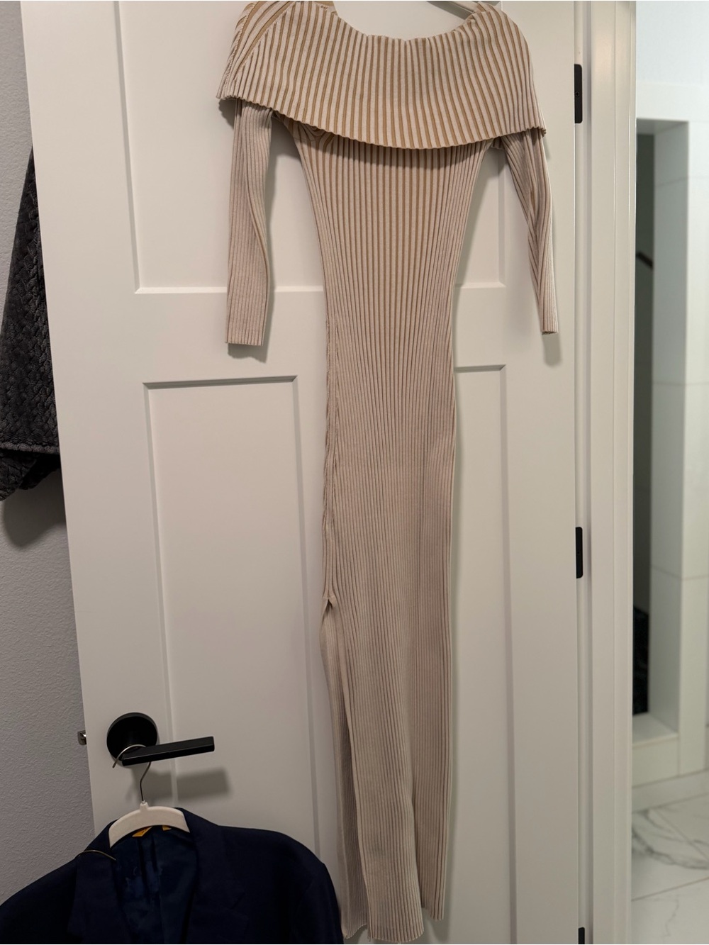 Anthropologie Beige Ribbed Off-Shoulder Maxi Dress